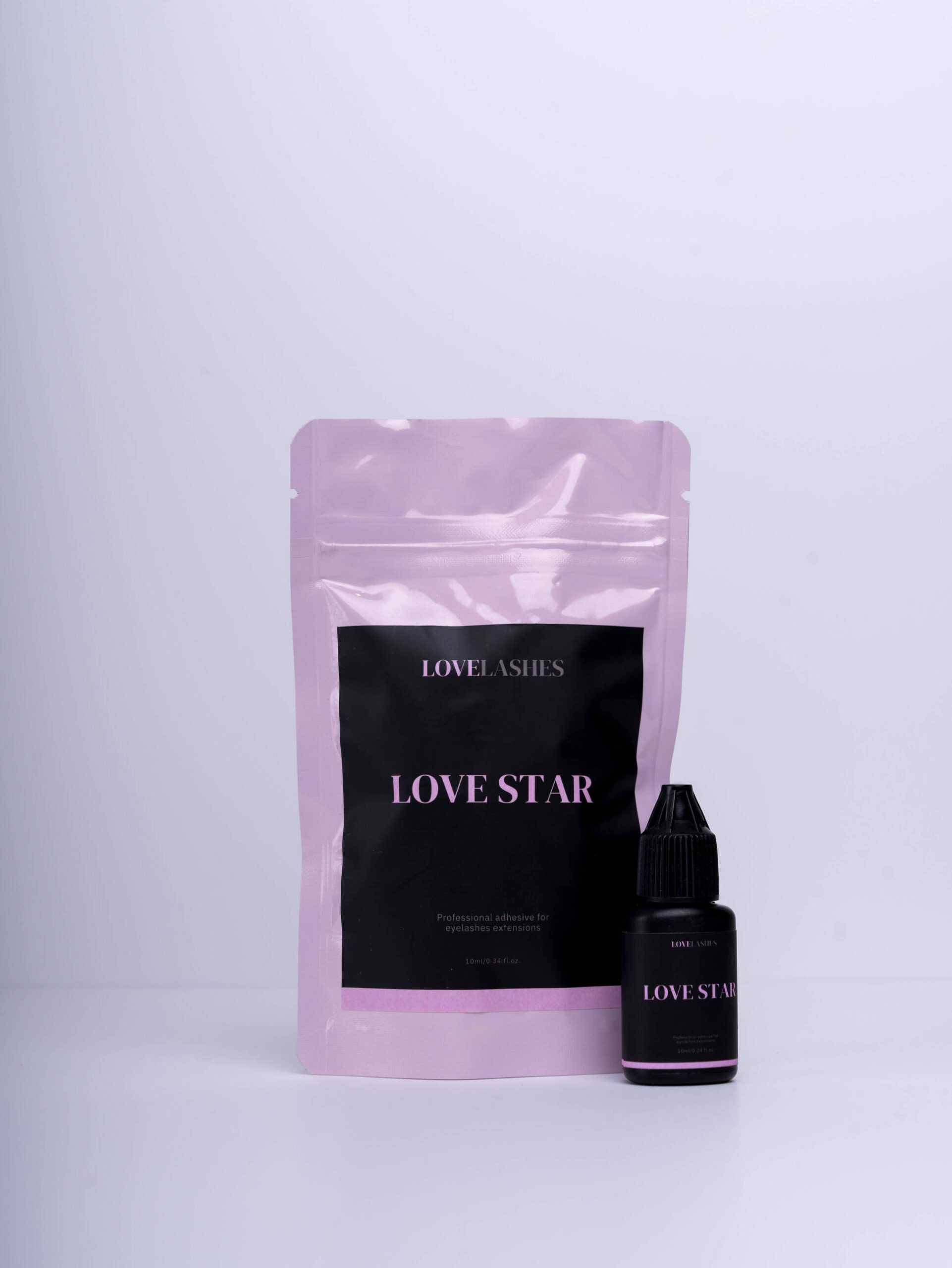 Front view of Love Star eyelash extension adhesive, quick drying and 6 week durability